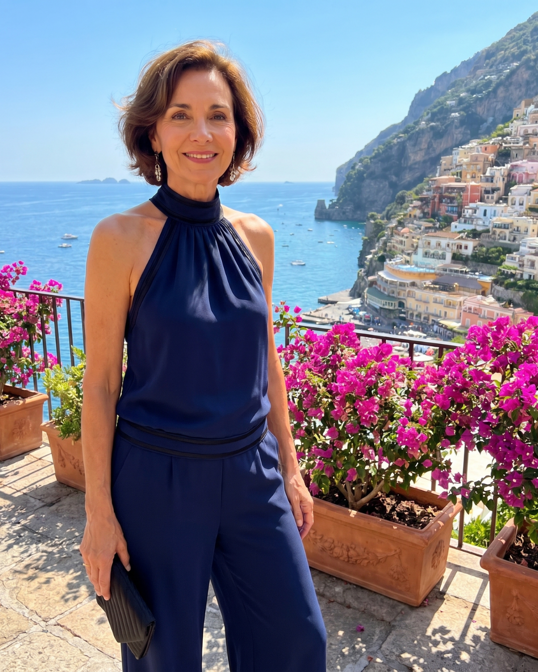Zephyrine | Jumpsuit a gamba larga con scollatura a halter e dettagli a contrasto