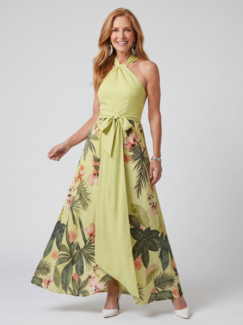 Meadow | Abito Maxi con Pannello Botanico e Scollo All'Americana