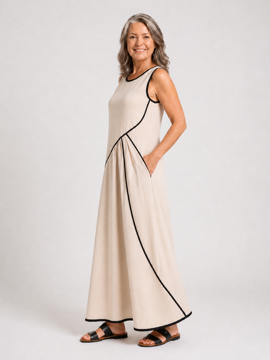 Soleia | Abito Maxi Drappeggiato Senza Maniche con Collo Rotondo