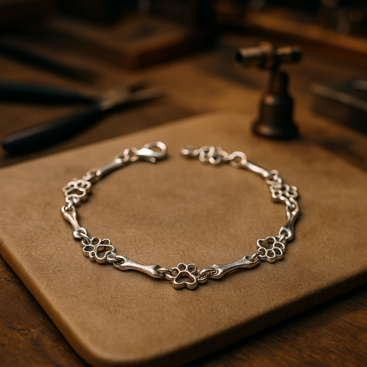 Silver bracelet with dog paw and bone charm