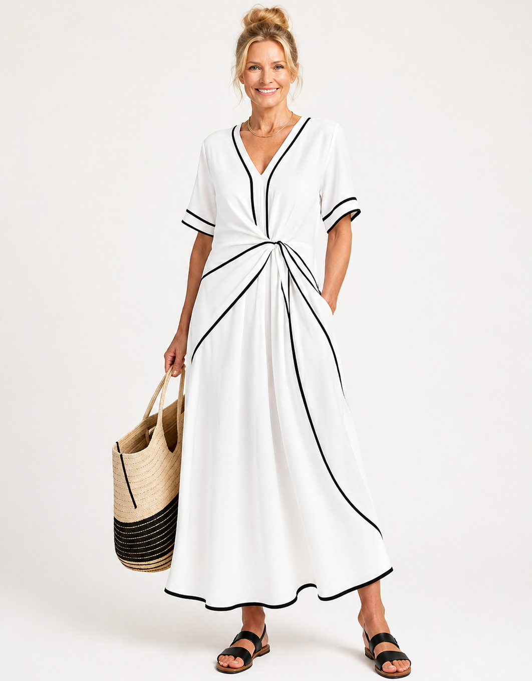 Linnea | Abito midi a maniche corte con scollo a V e vita arricciata