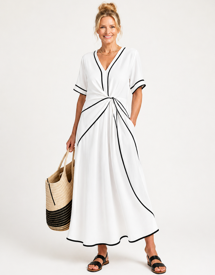 Linnea | Abito midi a maniche corte con scollo a V e vita arricciata