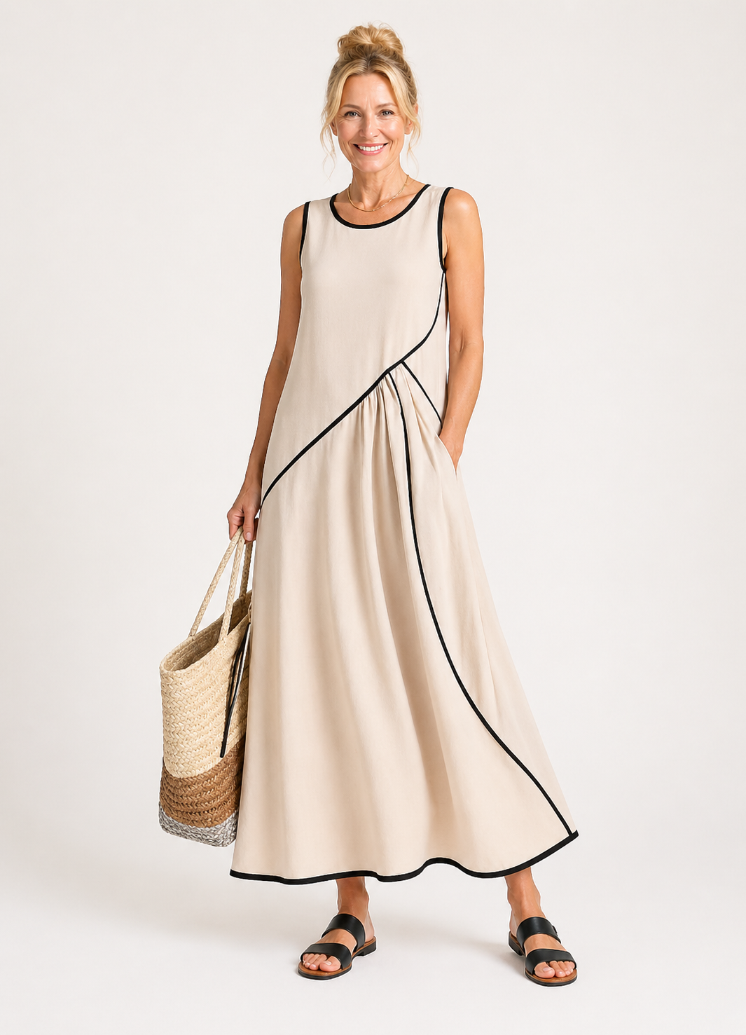 Soleia | Abito Maxi Drappeggiato senza Maniche con Collo Rotondo