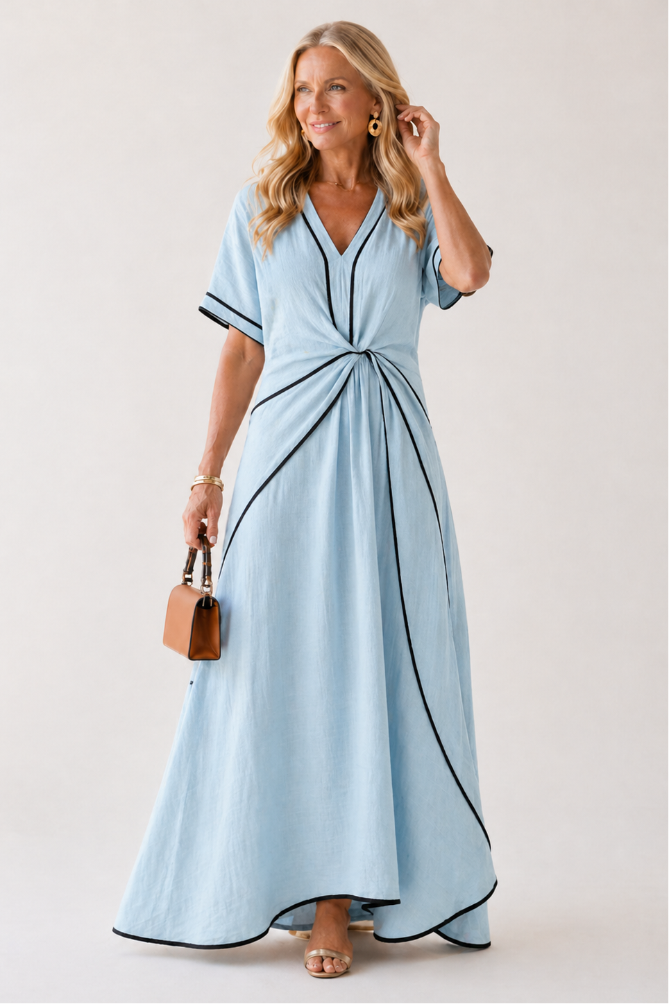 Linnea | Abito midi a maniche corte con scollo a V e vita arricciata