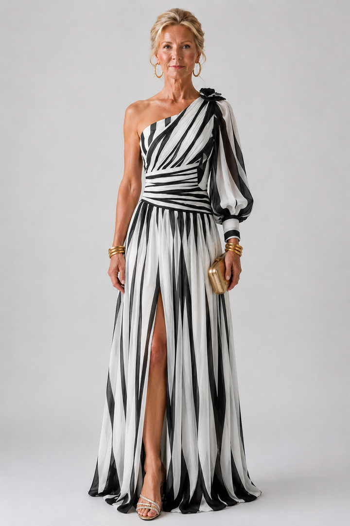 Stella & Grace™ | Abito Maxi Elegante a Strisce con Spalla Scoperta