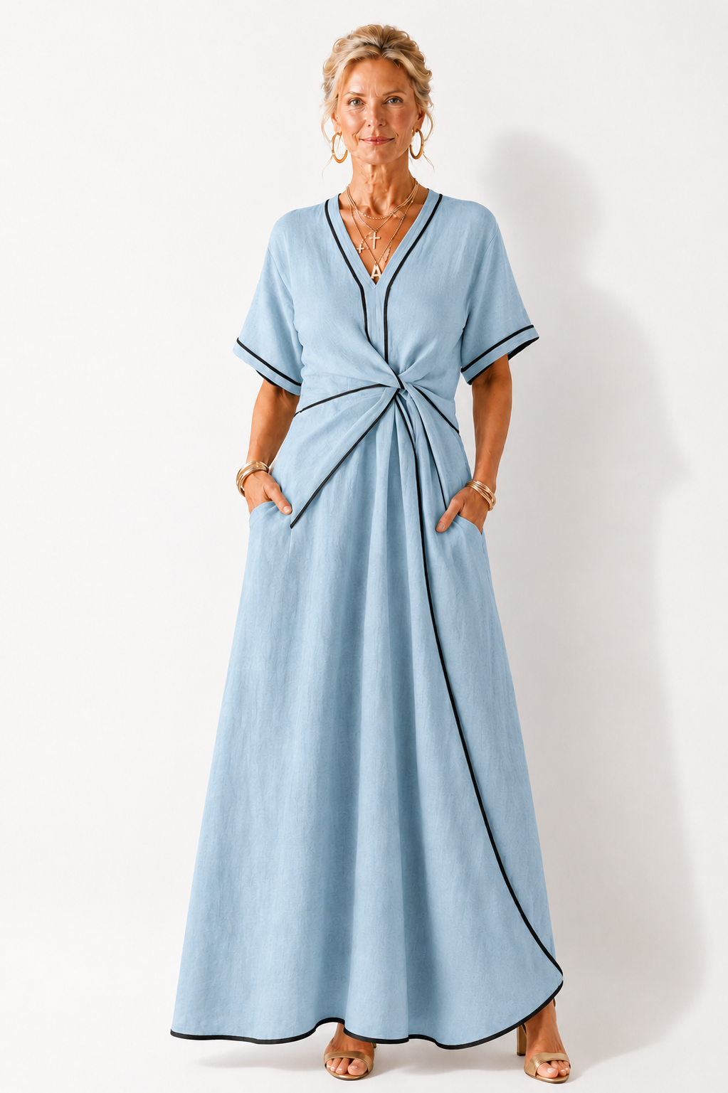 Linnea | Vestito midi a maniche corte con scollatura a V e vita arricciata