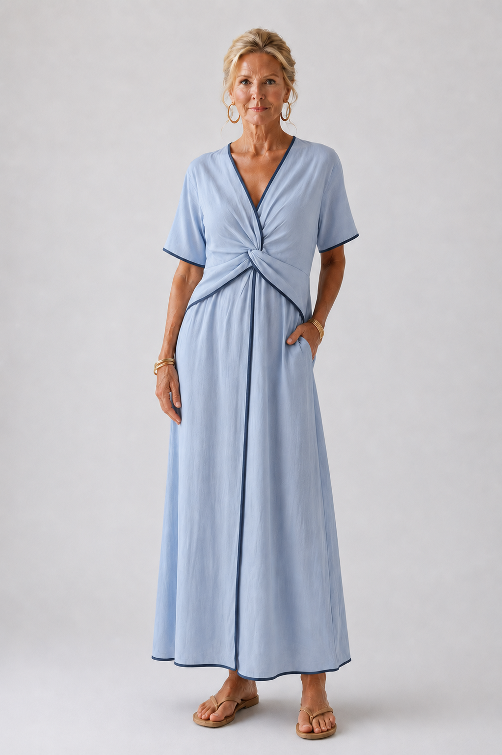 Eirene | Abito midi a maniche corte con scollo a V e nodo frontale