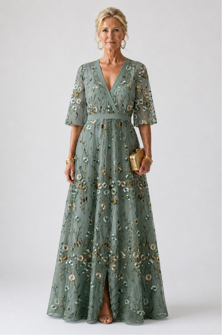 Stella & Grace™ | Abito Maxi a V Fiori con Maniche Corte