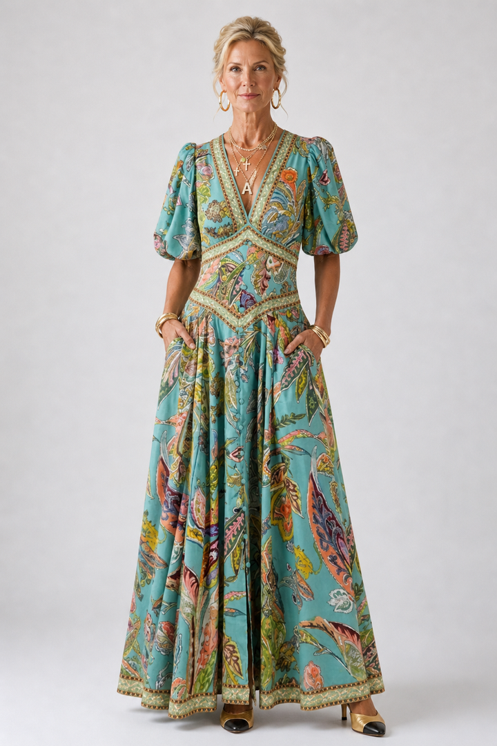 Stella & Grace™ | Abito maxi leggero con maniche a sbuffo e scollatura a V