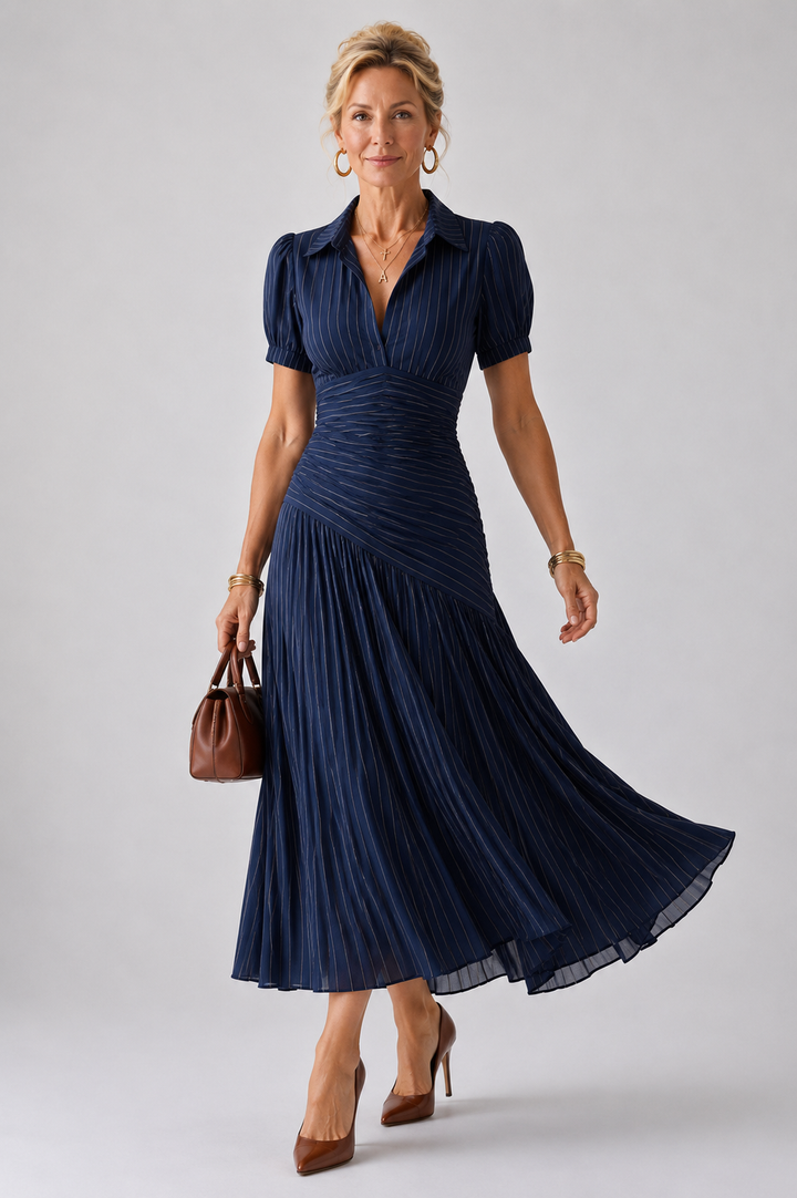 Theodora | Vestito Midi a Strisce con Vita Plissettata