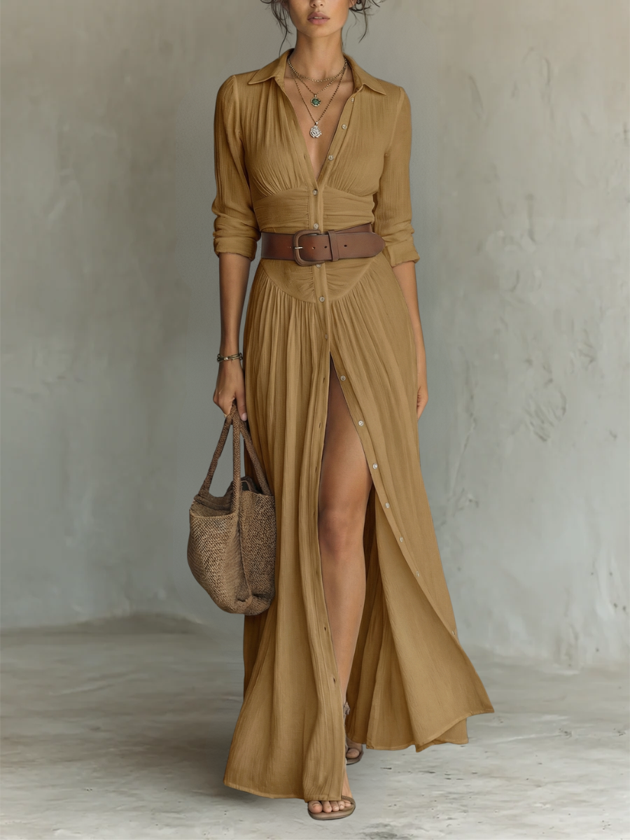 Robe Maxi Femme | Robe en lin à manches longues et col