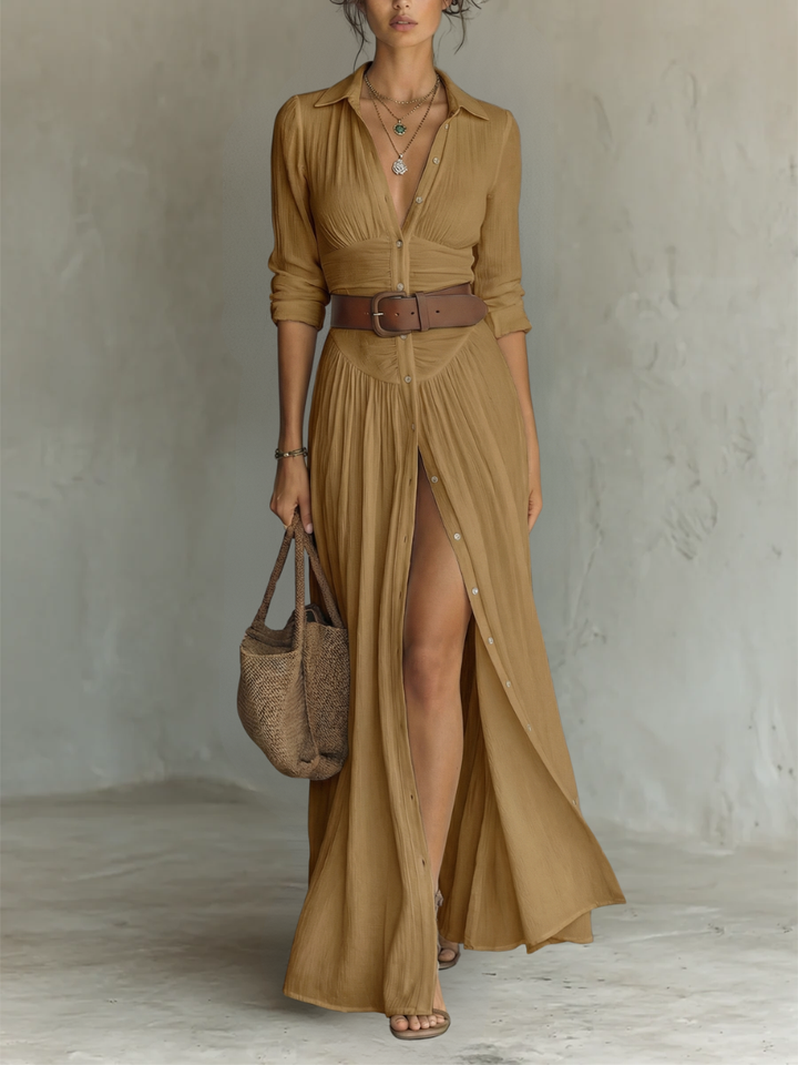 Robe Maxi Femme | Robe en lin à manches longues et col