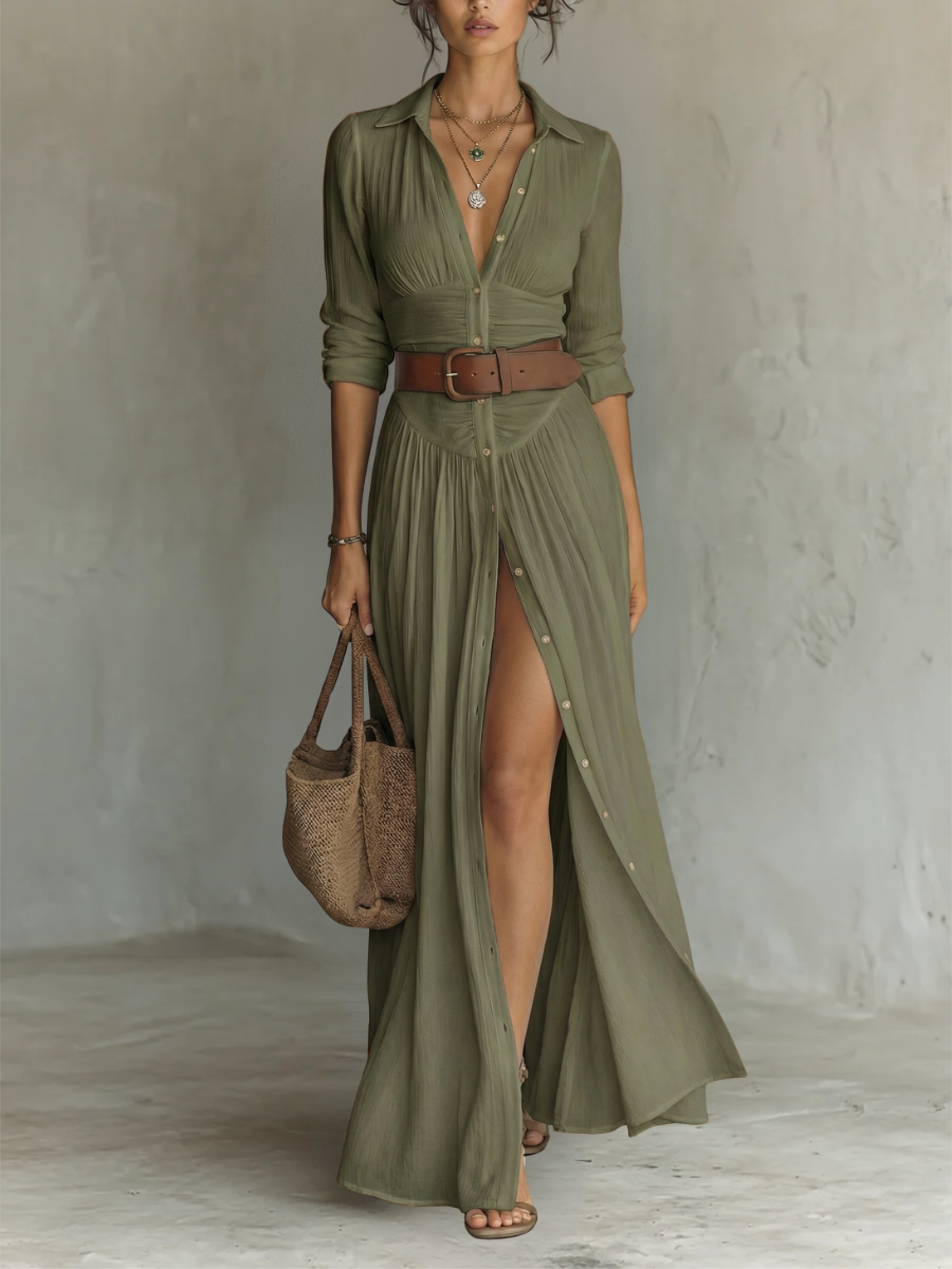 Robe Maxi Femme | Robe en lin à manches longues et col