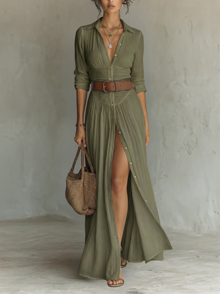 Robe Maxi Femme | Robe en lin à manches longues et col