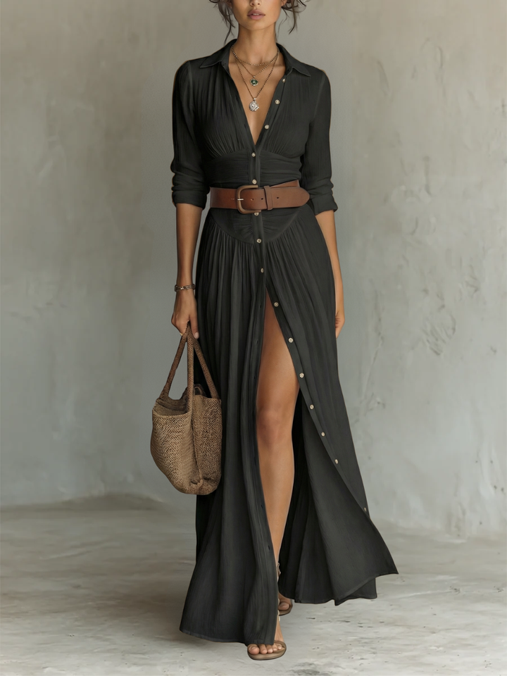 Robe Maxi Femme | Robe en lin à manches longues et col