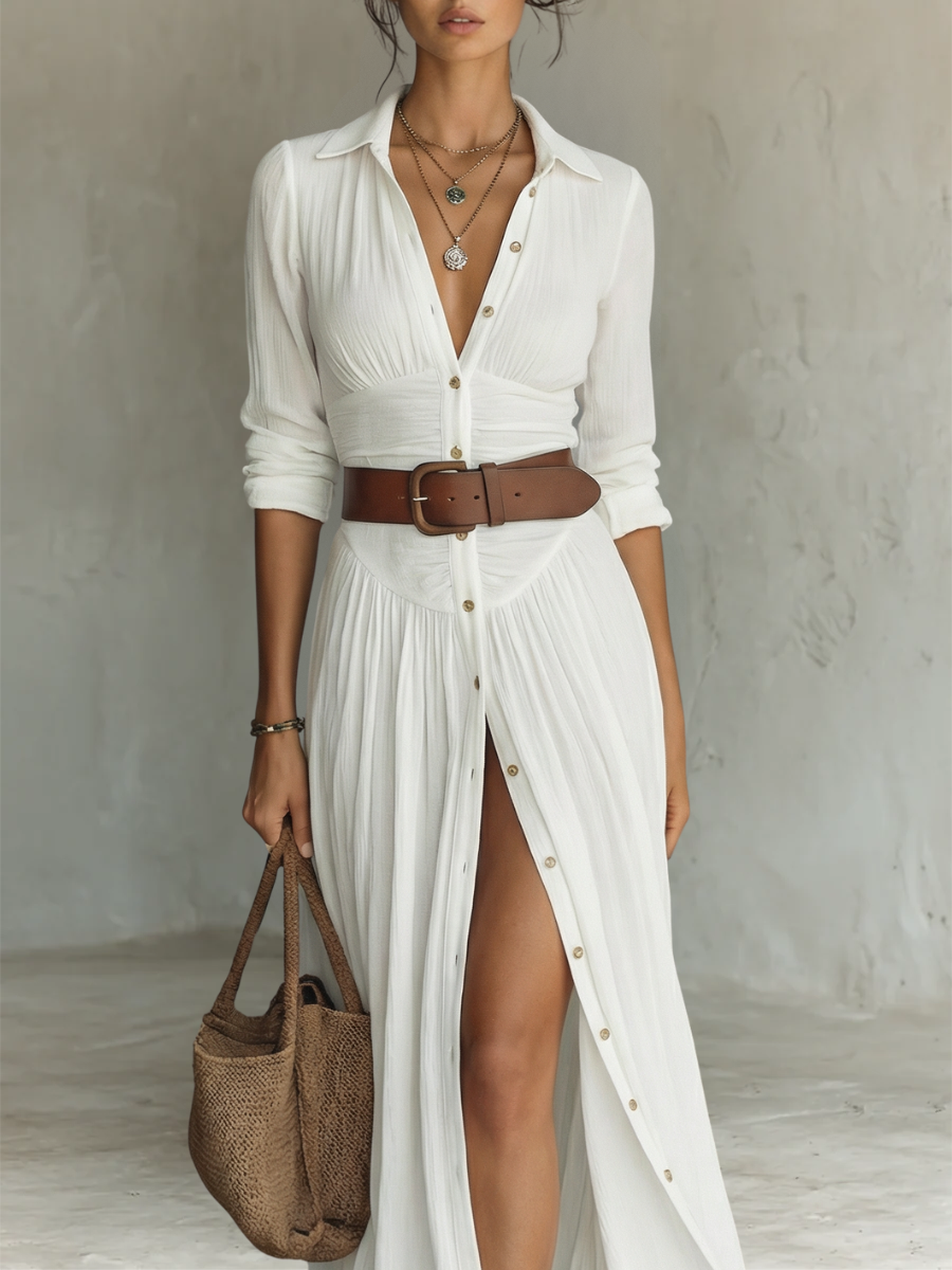 Robe Maxi Femme | Robe en lin à manches longues et col