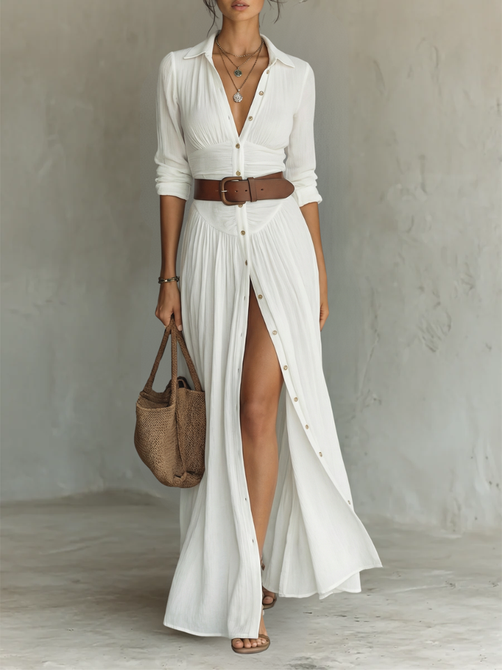 Robe Maxi Femme | Robe en lin à manches longues et col