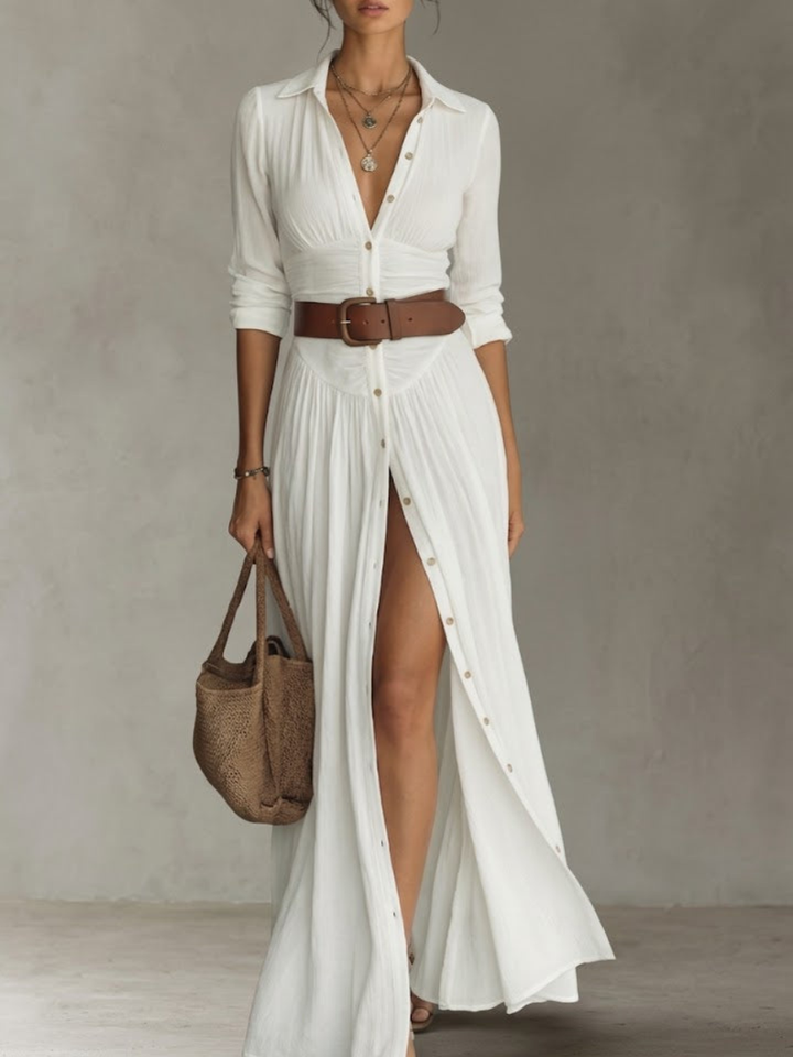 Robe longue femme avec col à revers et manches longues en lin