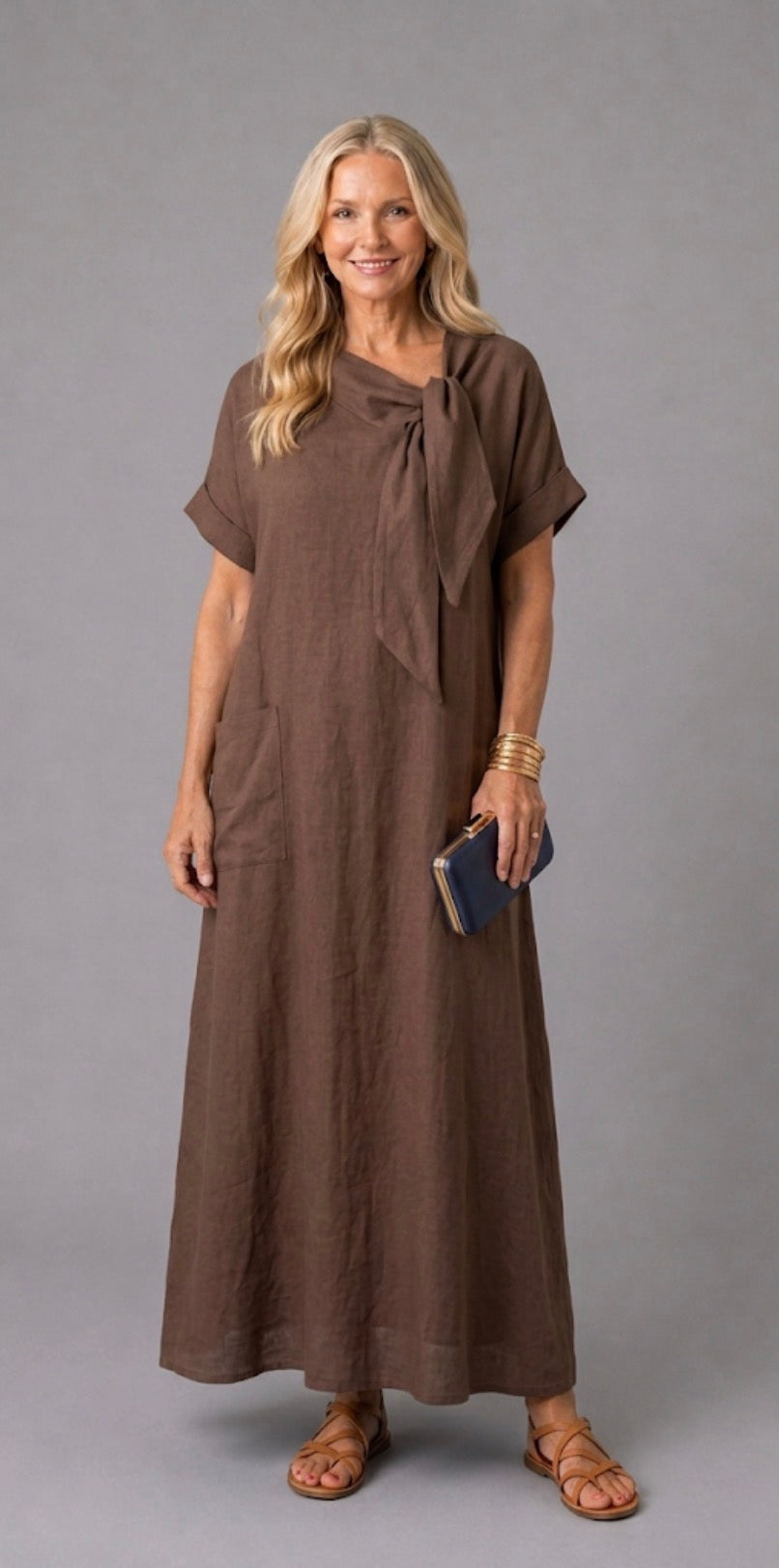 Tivara | Vestito Midi con Maniche Corte e Collo a Fiocco