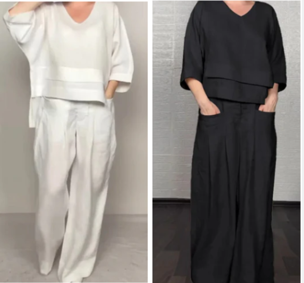 Liza - Ensemble en coton et toile 2 pièces - Haut à col en V et pantalon à jambes larges