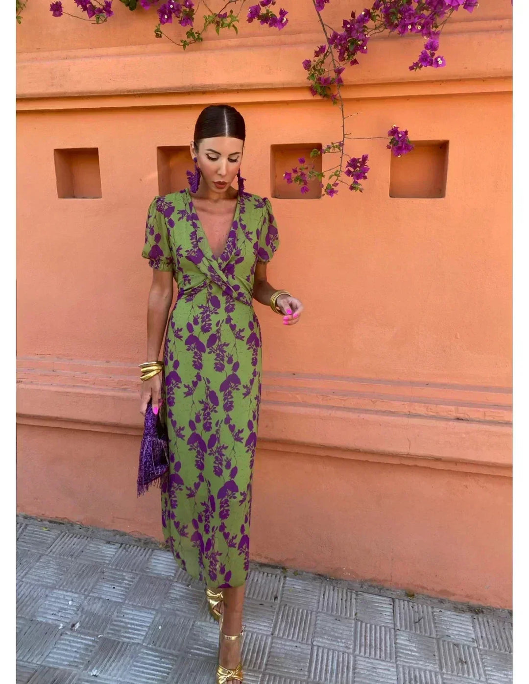 Lucinda - Robe Plissée Florale Boho à Col V