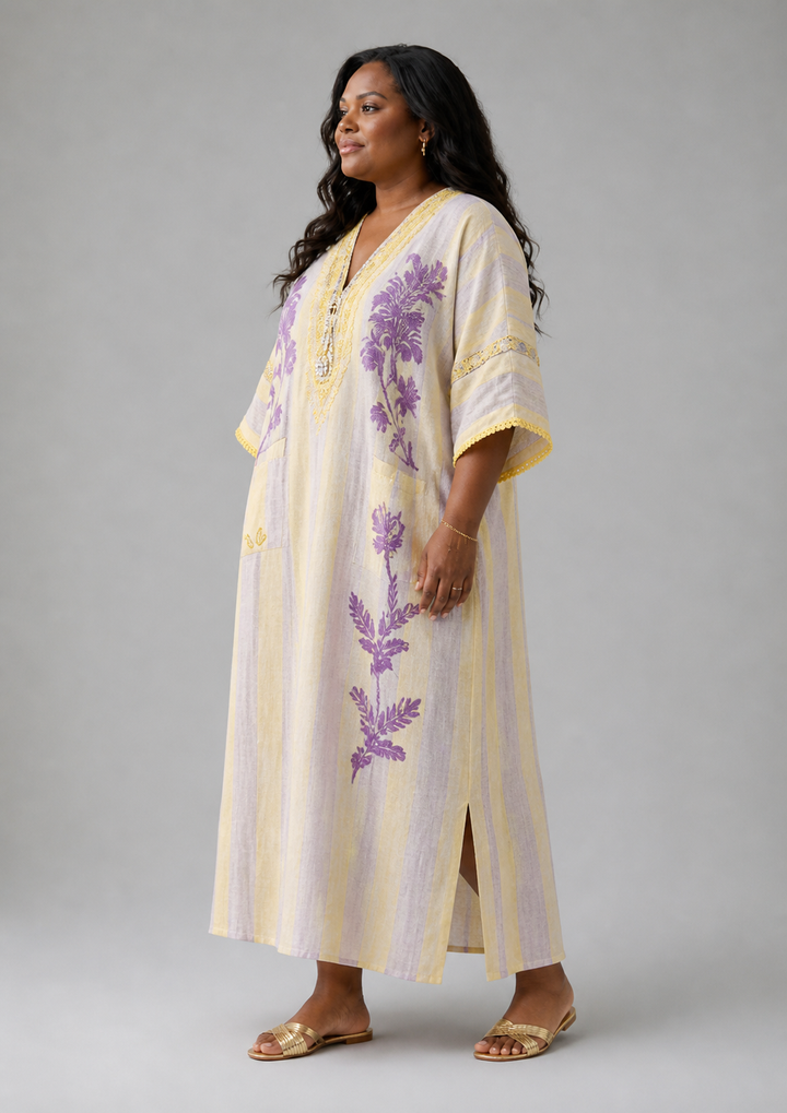 Aurelia | Vestito Maxi a Manica Mezza con Scollatura a V a Righe e Fiori