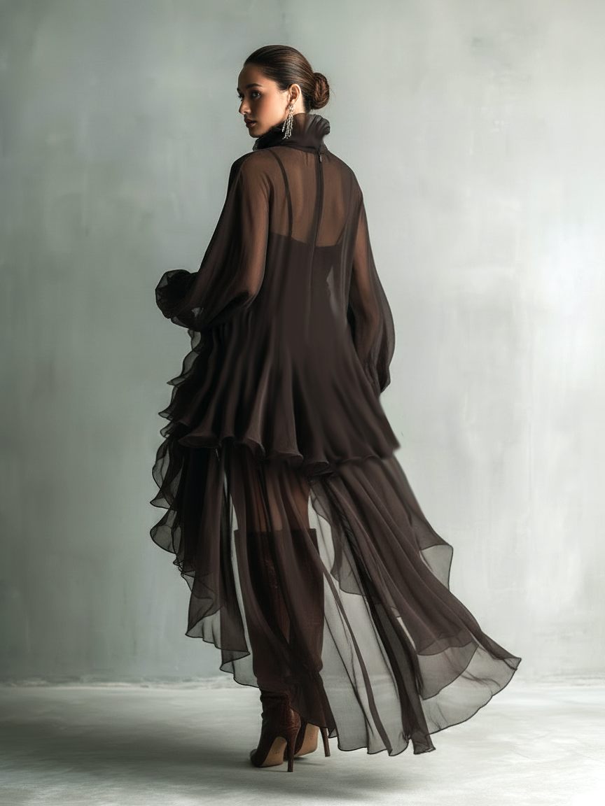 Robe Midi Élegante en Chiffon Marron à Col Montant et Manches Longues