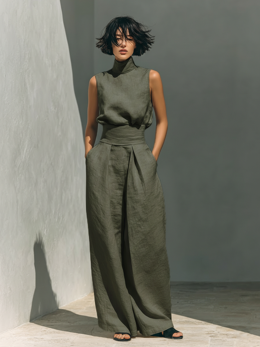 Ensemble composé d'un débardeur et d'un pantalon à jambes larges en mélange de coton et de lin.