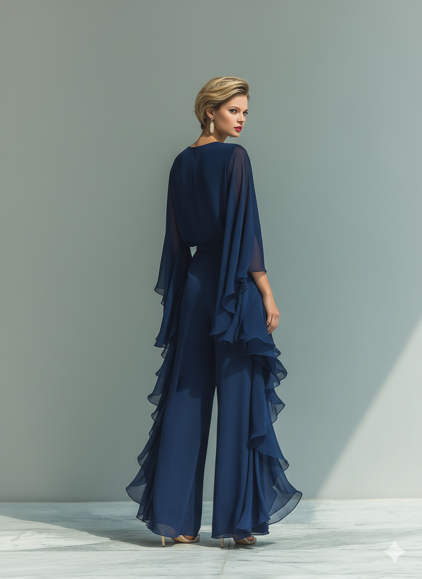 Ensemble Femme Top Chiffon Bleu Marine À Manches Évasées Et Pantalon Droit Avec Détails Volants