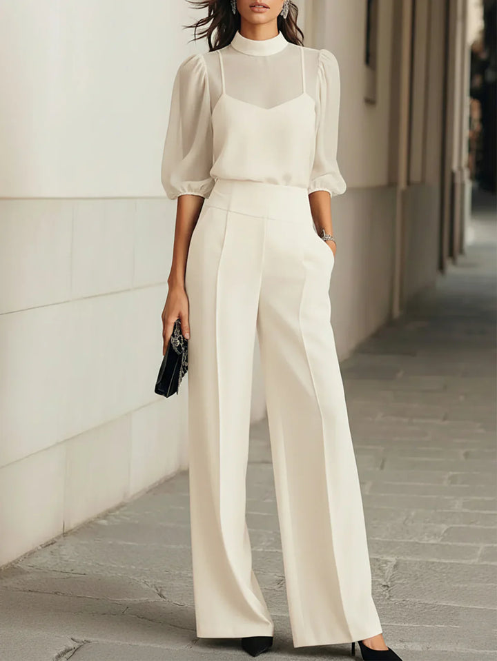 Ensemble de trois pièces : débardeur noir transparent et pantalon à jambes larges