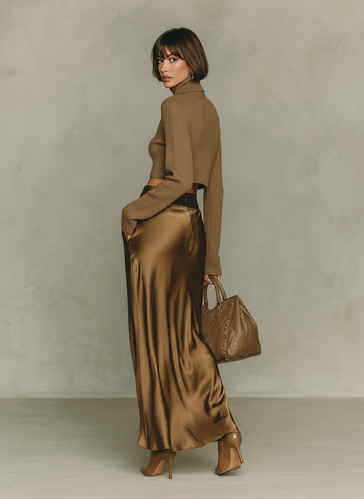 Haut en maille à col roulé doré-brun pour femmes, à manches longues, associé à une jupe midi en satin