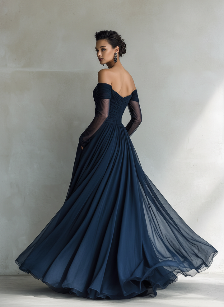 Robe Maxi Ajustée Élégante en Chiffon Organza Bleu Foncé à Manches Longues et Épaules Nues pour Femmes