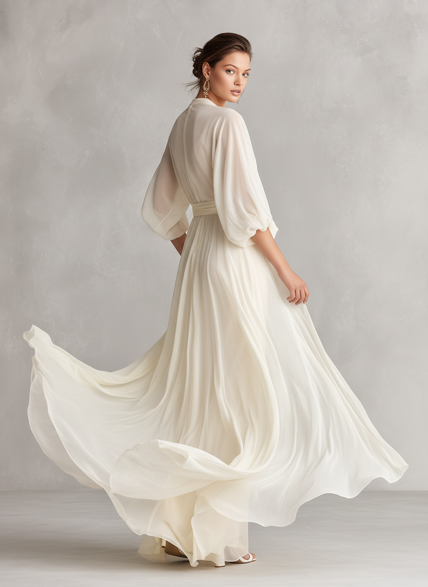 Robe en Chiffon Transparent Ivoire pour Femmes avec Manches Bouffantes et Détail Enveloppant, Robe de Style Romantique-Luxe Intemporelle
