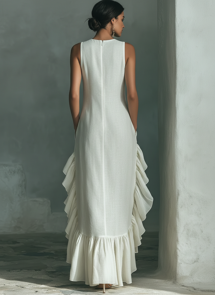 Robe Maxi Sans Manches en Lin Ivoire pour Femme avec Col Rond et Ourlet Volant