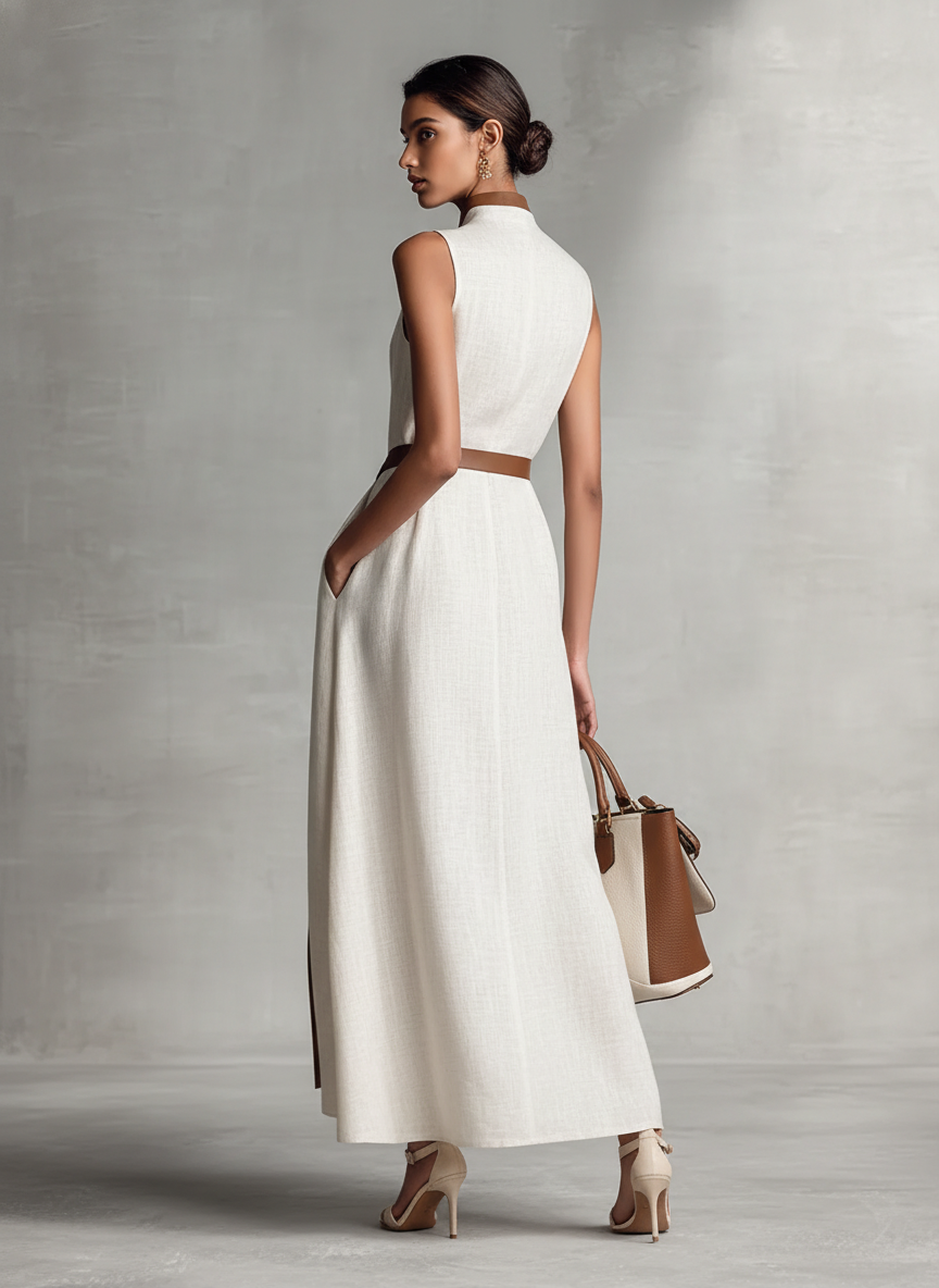 Robe Maxi en Coton Lin sans Manches à Encolure en V et Ceinture à Nouer pour Femmes