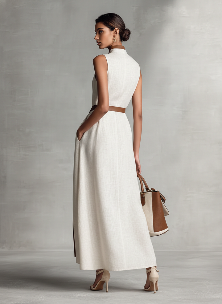 Robe Maxi en Coton Lin sans Manches à Encolure en V et Ceinture à Nouer pour Femmes