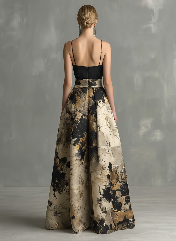 Robe Maxi Élégante Femme Noire Et Beige Imprimé Abstrait Décolleté En V À Bretelles