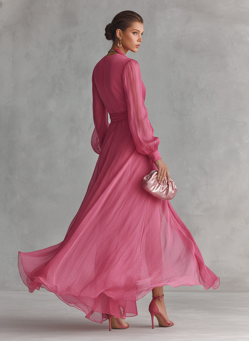 Robe Longue Élégante Femme en Chiffon Rose Poudré à Perles, Décolleté en V et Taille Liée