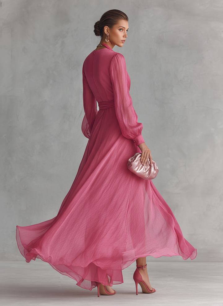 Robe Longue Élégante Femme en Chiffon Rose Poudré à Perles, Décolleté en V et Taille Liée