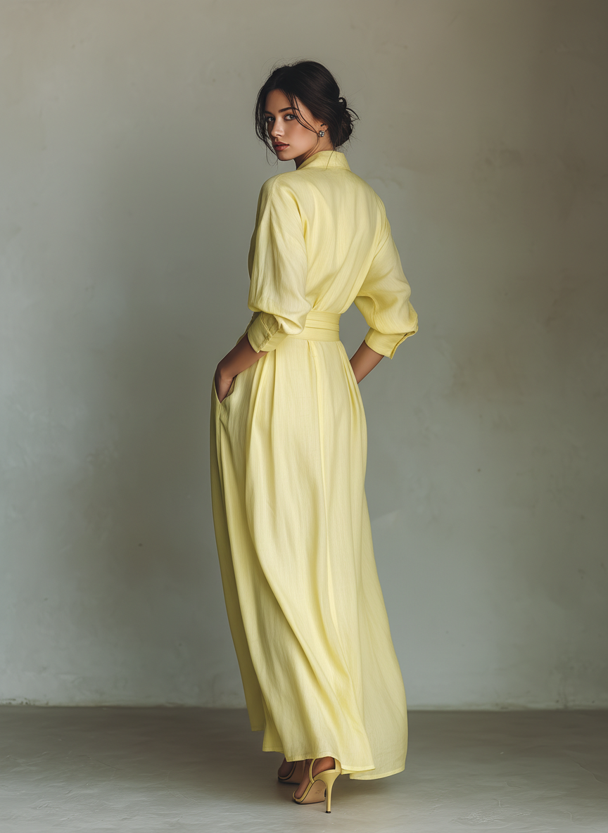 Robe Chemise Maxi Femme Jaune Citron En Coton Et Lin Avec Ceinture À Nouer & Manches Mi-Longues