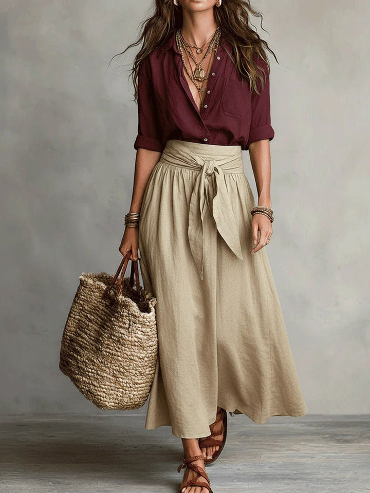 Vera – Ensemble de deux pièces : t-shirt noir et jupe midi vert olive