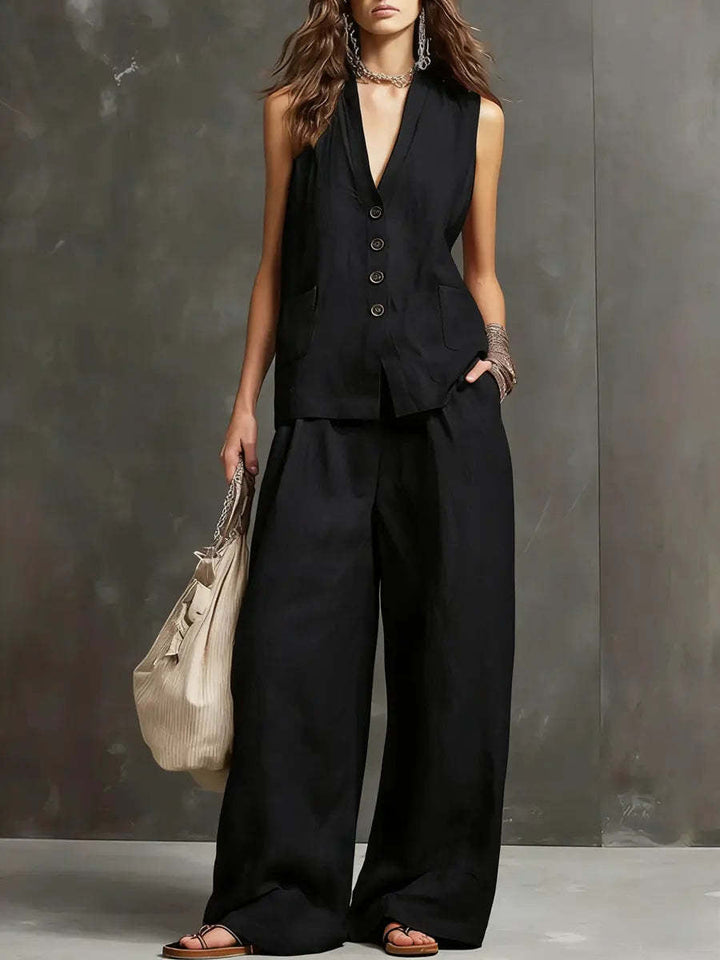 Ensemble deux pièces en coton et lin avec gilet sans manches et pantalons à jambes larges
