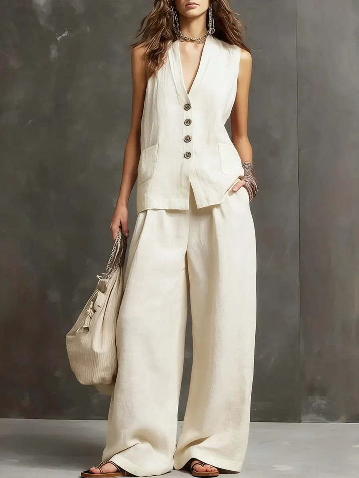 Ensemble deux pièces en coton et lin avec gilet sans manches et pantalons à jambes larges