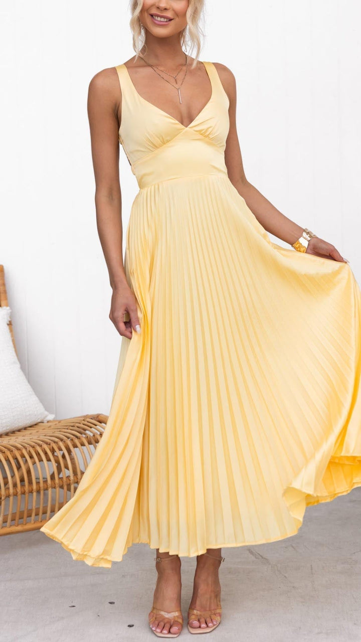 Victoria™ - Robe Maxi Plissée Jaune à Col V