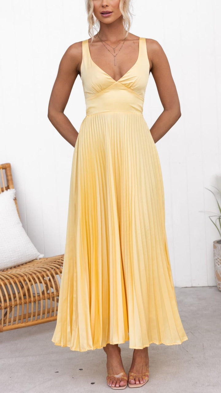 Victoria™ - Robe Maxi Plissée Jaune à Col V