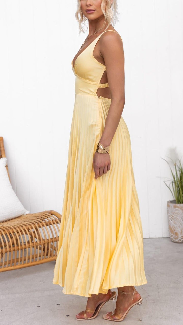 Victoria™ - Robe Maxi Plissée Jaune à Col V