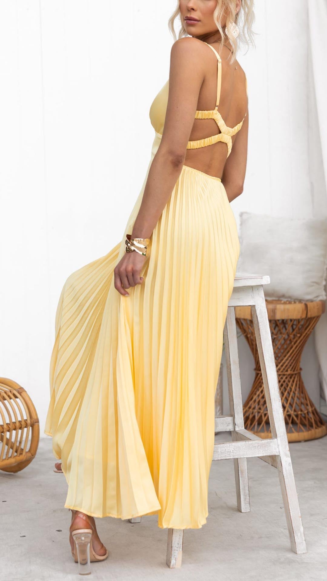 Victoria™ - Robe Maxi Plissée Jaune à Col V