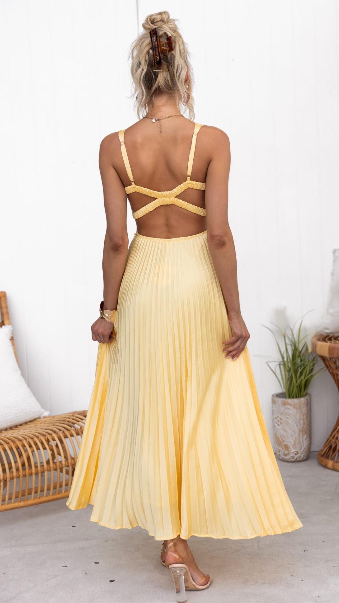 Victoria™ - Robe Maxi Plissée Jaune à Col V