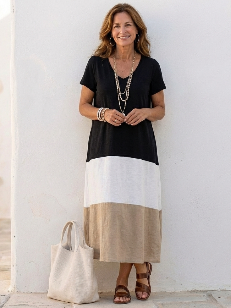 Thalia | Abito Midi a Maniche Corte con Scollo a V e Colori a Blocco