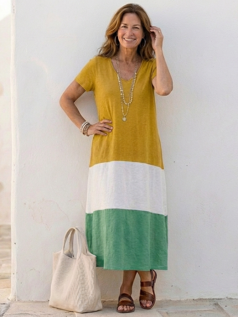 Thalia | Abito Midi a Maniche Corte con Collo a V in Color Block